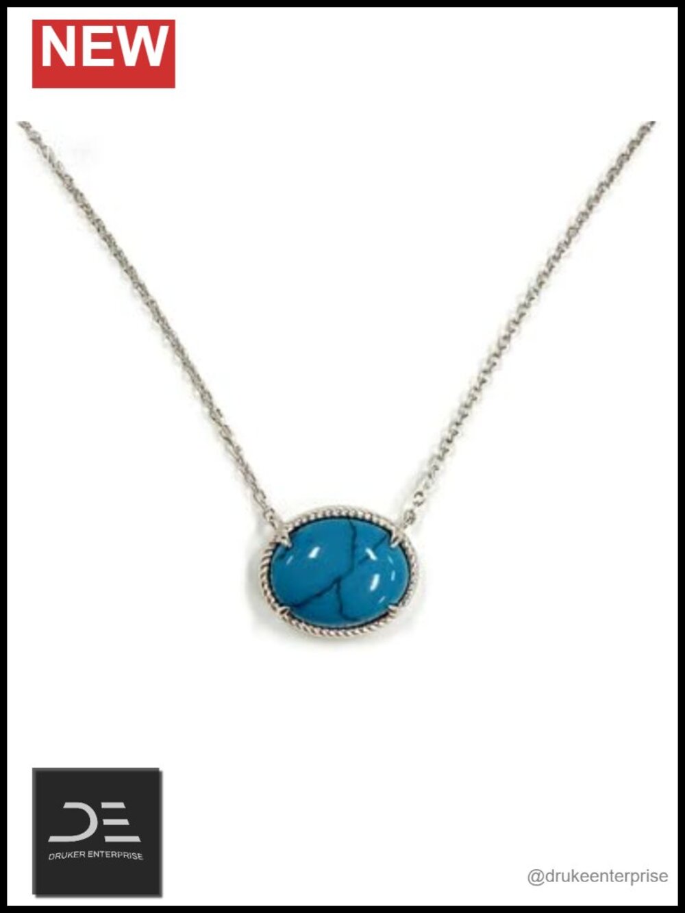 Silver Plated White Gold Oval Turquoise Pendant Necklace Twisted Rope Bezel